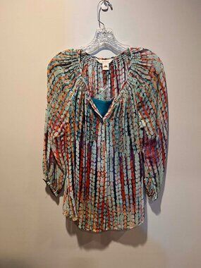 NWT Sundance Silk Button Front Peasant Top Geometric Shibori Romantic Boho Sz M